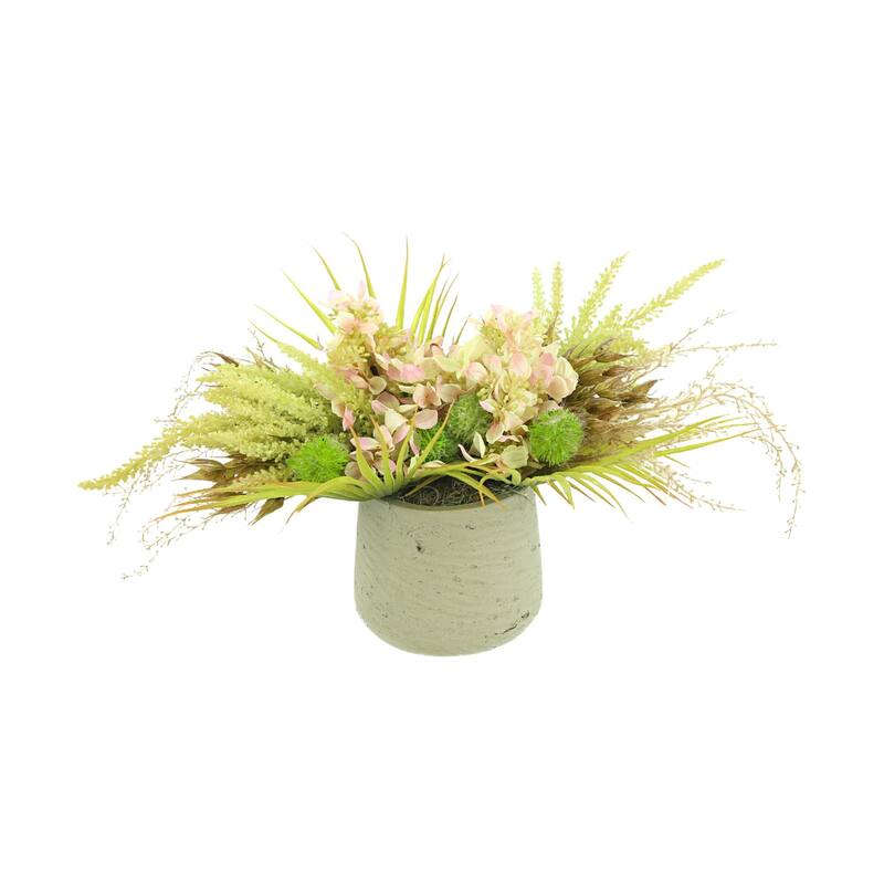 Hydrangea and Palm Floral Arrangement - Pink, Beige, Gray