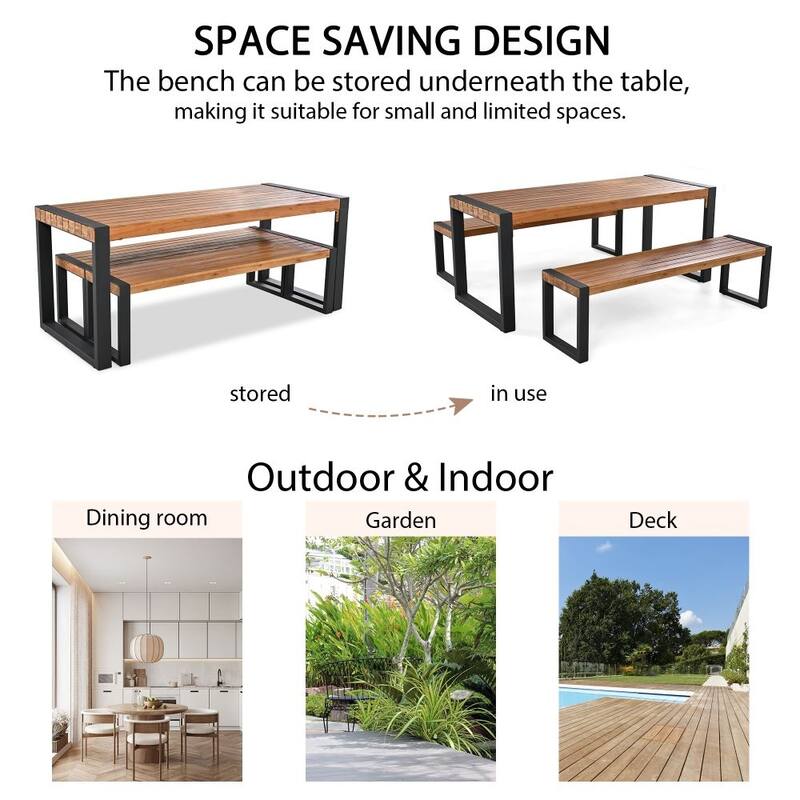 3-Pieces Outdoor Dining Table With 2 Benches, Patio Dining Set With Unique Top Texture