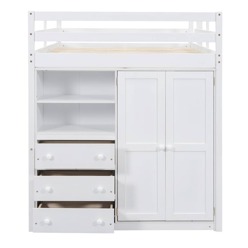 Full Size Solid Wood Loft Bed with Built-in Wardrobe, Desk, Storage Shelves and Drawers