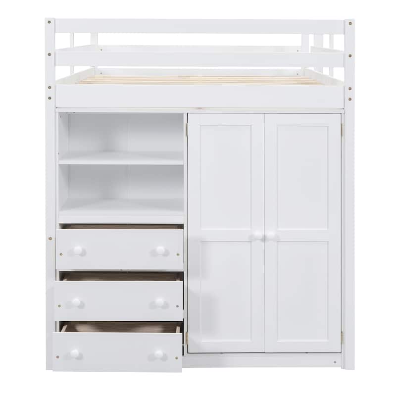 Wood Full Size Loft Bed w/Built-in Wardrobe, Desk, Storage Shelves