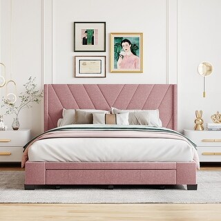 Queen Size Linen Upholstered Platform Bed w/ 3 Drawers Storage Bed Frame for Kids Teens Adults Space-Saving, Easy Assembly, Pink