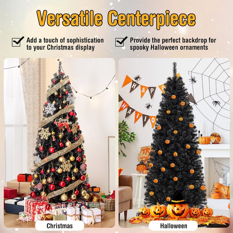 Gymax 6/7 FT Pre-lit Black Christmas Tree Artificial PVC Slim Pencil - See details