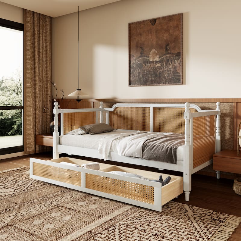 Rattan Daybed with Drawers/Twin Size Trundle, Bed Frame with Footboard