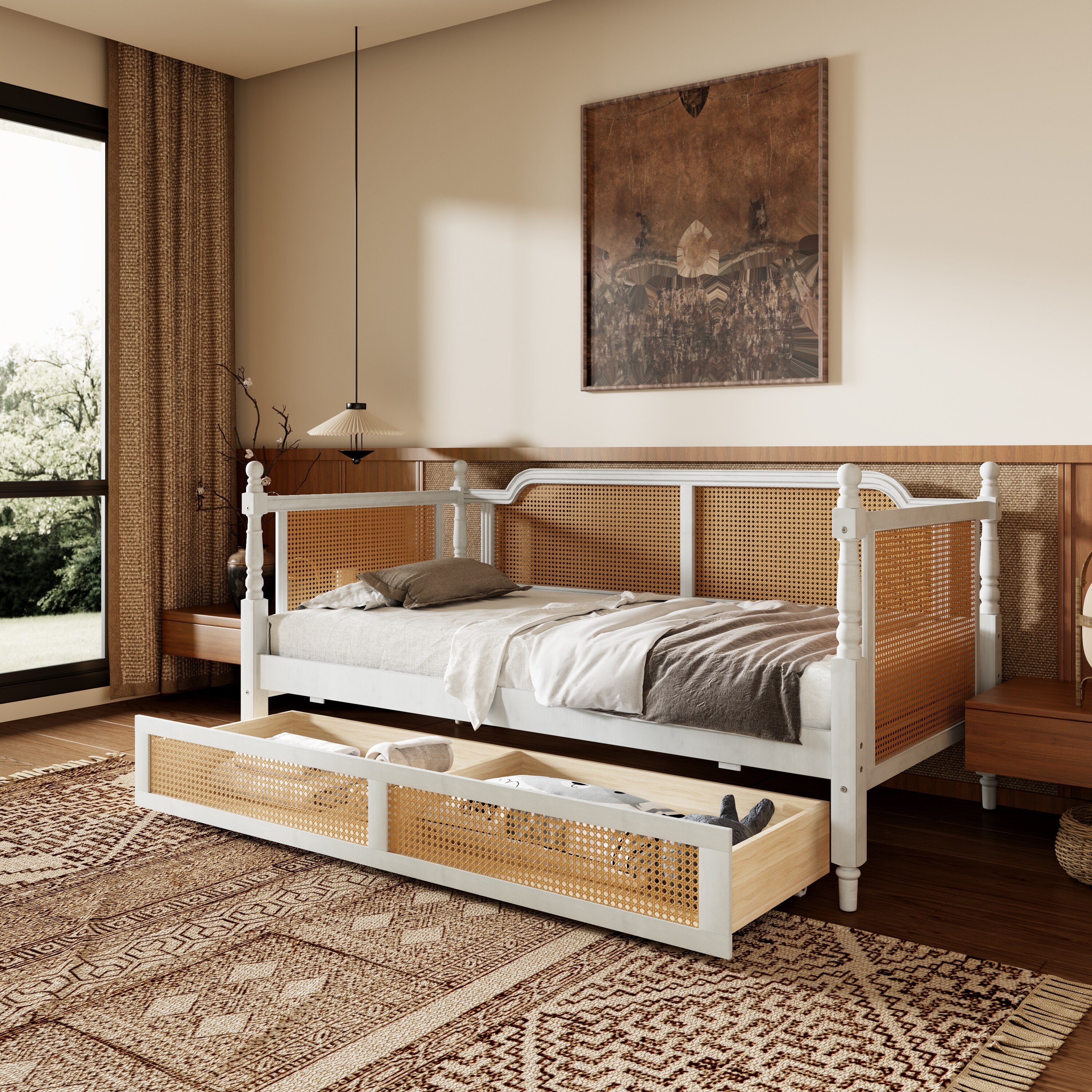 Wooden Twin Size L shaped Daybed Floor Corner Bed with Storage Bookcase and Upholstered Headboard and USB Charging Ports On Sale Bed Bath Beyond 42311220