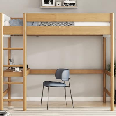 Natural Twin Loft Bed with Desk, Upholstered Teddy Fleece Headboard/Footboard, Safety Guardrails & Storage