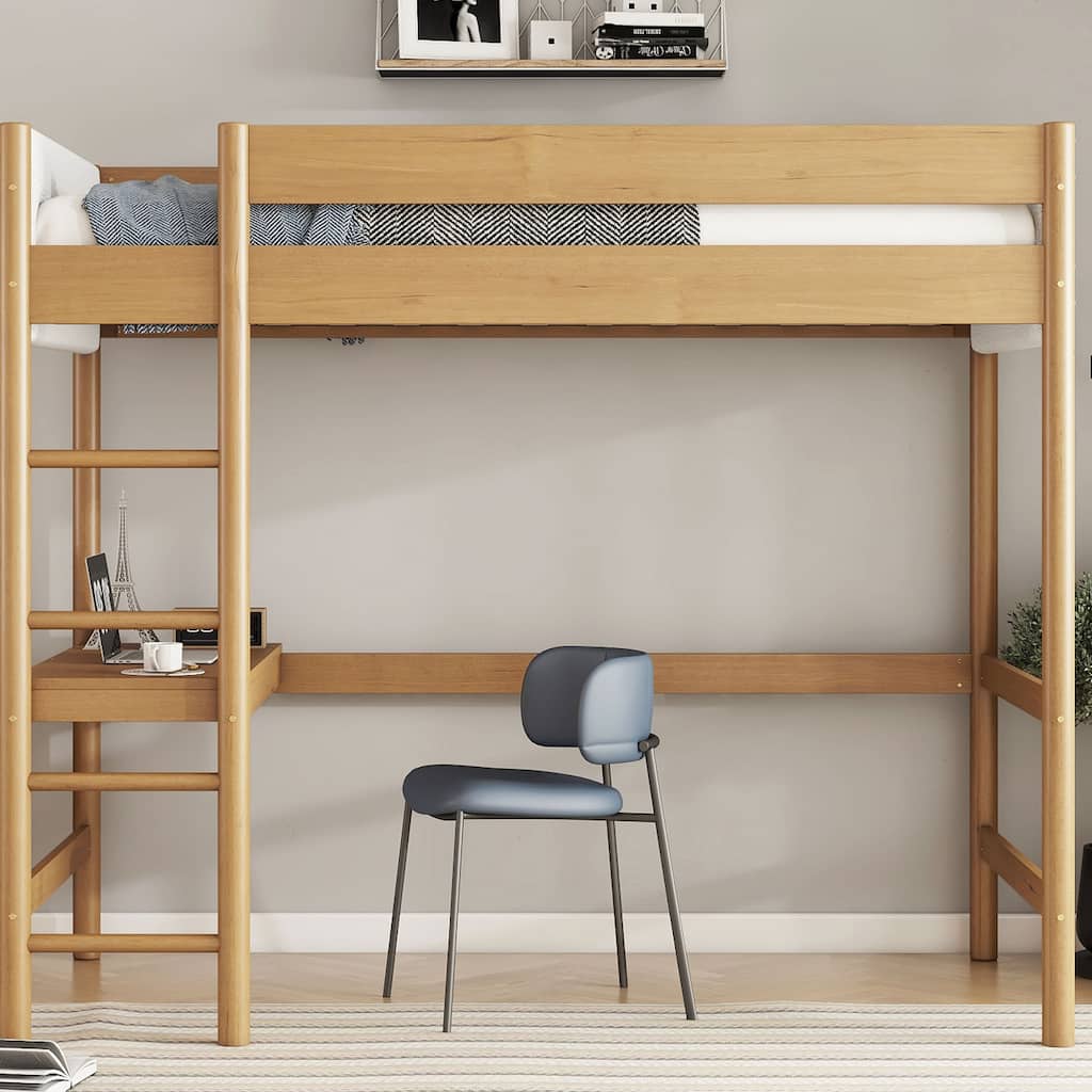 Natural Twin Loft Bed with Desk, Upholstered Teddy Fleece Headboard/Footboard, Safety Guardrails & Storage