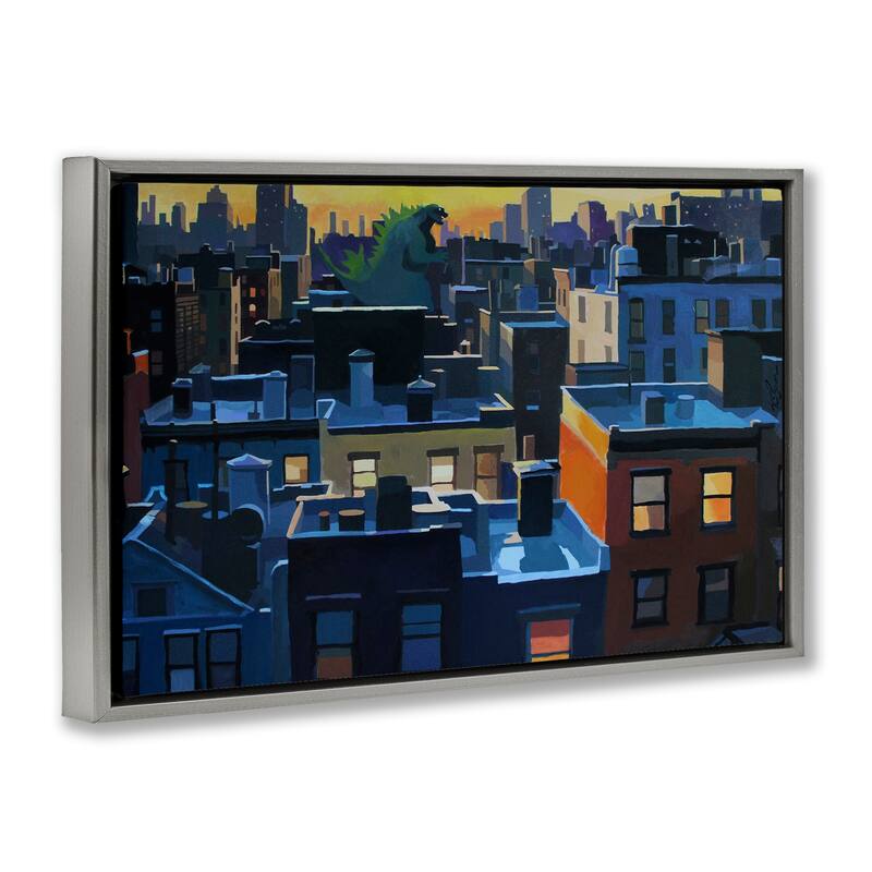 Stupell Cityscape with Distant Monster Framed Floater Canvas Wall Art Design By Keith Thomson