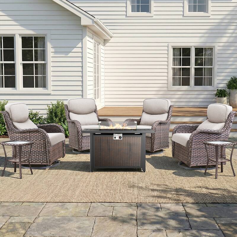 Pocassy Patio Sofa Swivel Chair Set with 43" Fire Pit Table - Brown Wicker Beige Cushion - 7-Piece Swivel Chair Table w/ Fie Pit Table