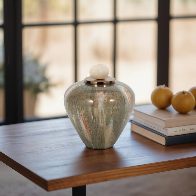 Sagebrook Home Glass Blush/Green Novelty Temple Vase With Resin Topper - Brushed Green - 8" x 8" x 9"