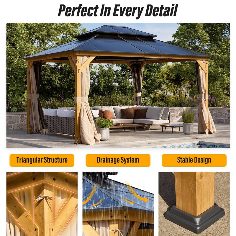 EROMMY Outdoor Wood Gazebo with Double Polycarbonate Roof, Heavy Duty Backyard Patio Pergola Canopy for Garden Shade