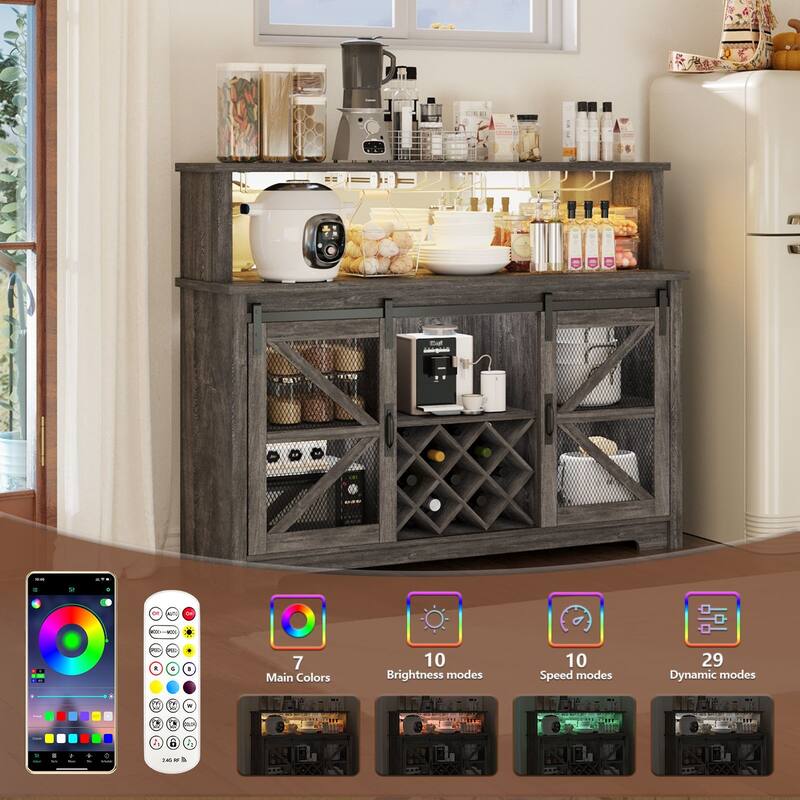 Gymojoy 16-Color LED Bar Cabinet with Wine Rack, White Kitchen Hutch for Coffee Bar & Dining Room, Farmhouse Storage Cabinet
