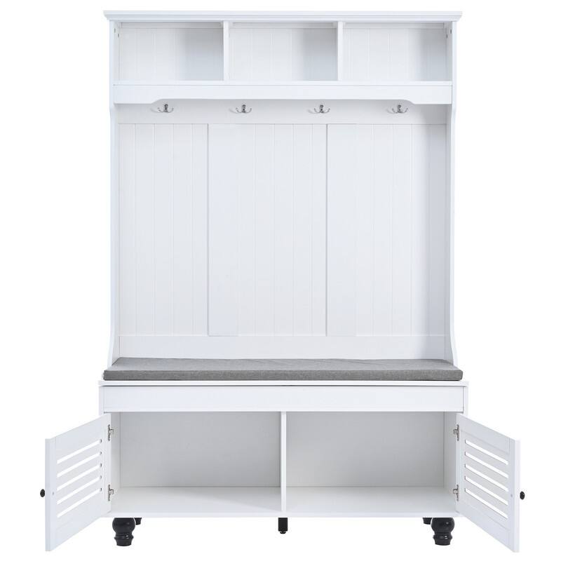5-in-1 Entryway Hall Tree Bench with Shutter-shaped Doors,Cushion,Coat Rack and 4 Sturdy Hooks
