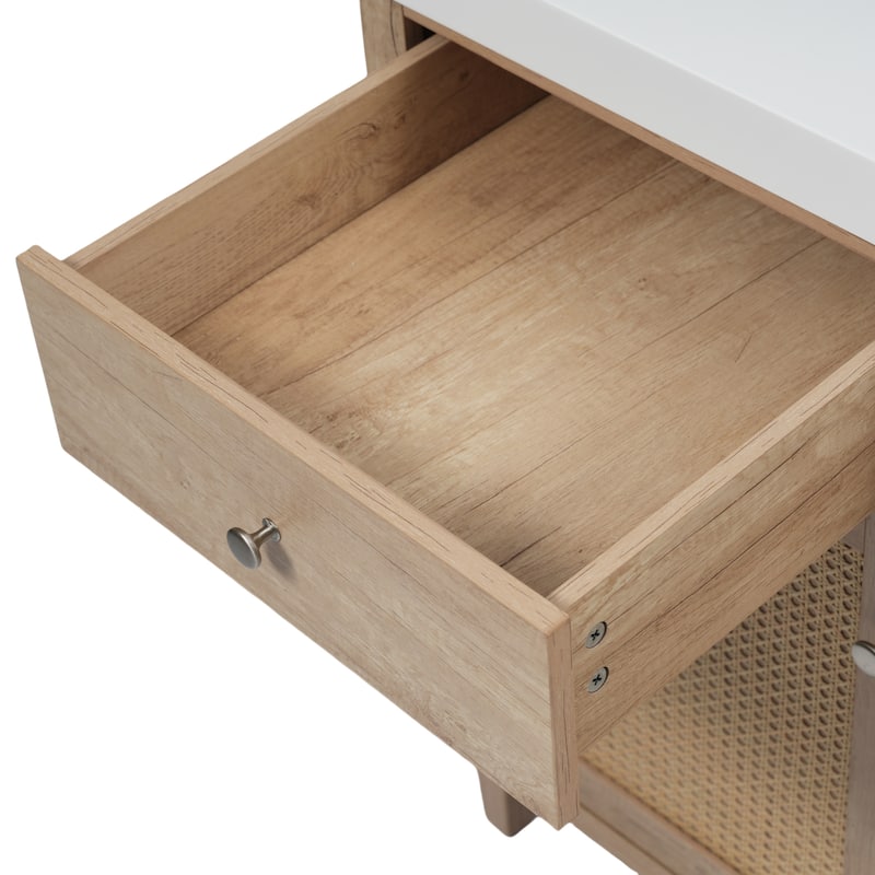 Bathroom Vanity with SMC Sink, Large Storage Bathroom Storage Cabinet with Soft Close Drawers and Rattan Doors