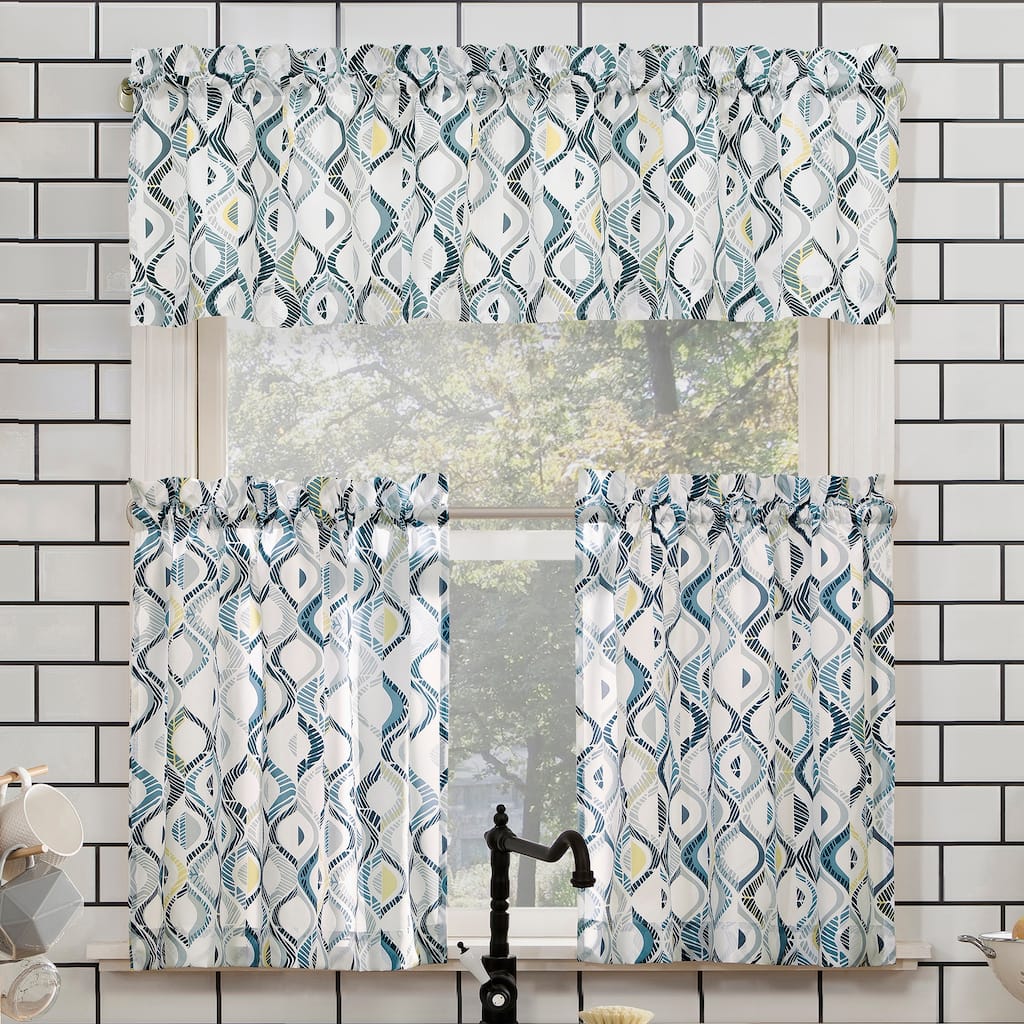 No. 918 Barker Geometric Semi-Sheer Rod Pocket Kitchen Curtain Valance and Tiers Set