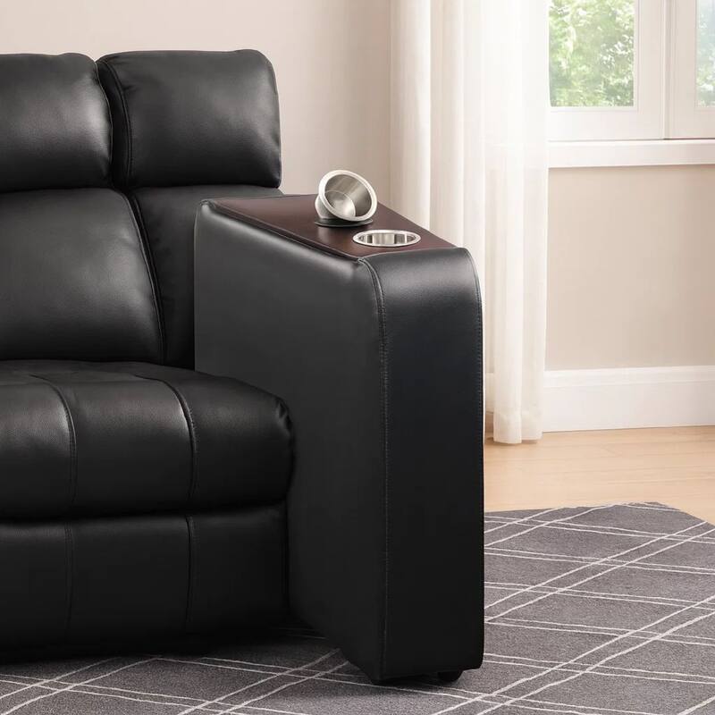 Leatherette Console with 2 Removable Metal Cup Holders, Black and Silver