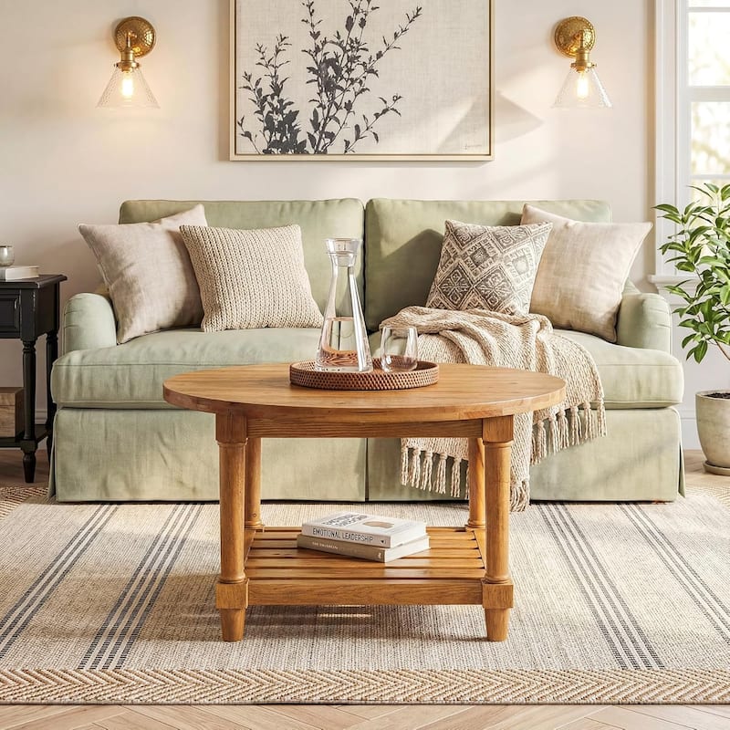 31.5-Inch Round Coffee Table, 2-Tier Circle Accent Table for Living Room, Rustic Brown