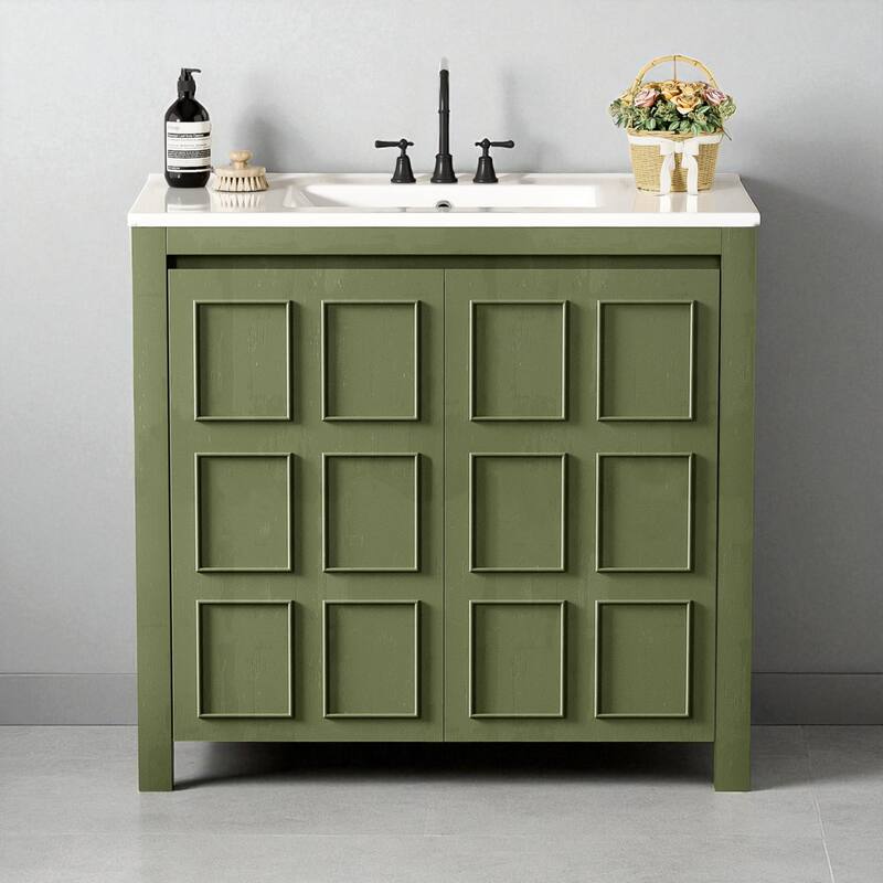 36" Bathroom Vanity Cabinet with Ceramic Sink, Soft Close Doors, Freestanding Wood Storage Cabinet Organizer - Green