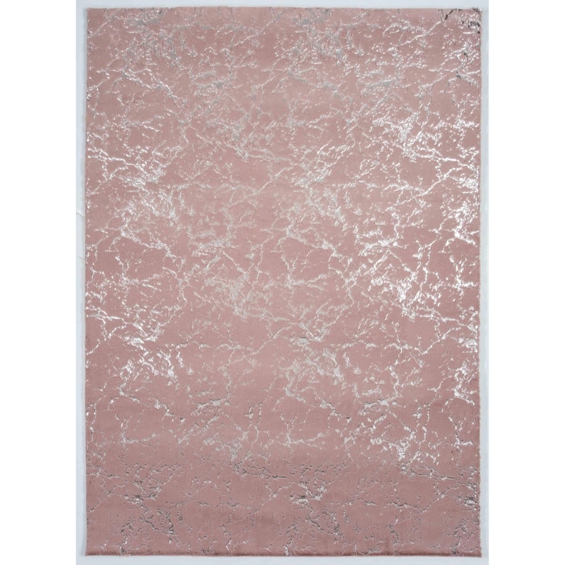 Chryso Collection Abstract Faux-Fur Rug with Foil - 5' X 7' - Pink/Silver Foil