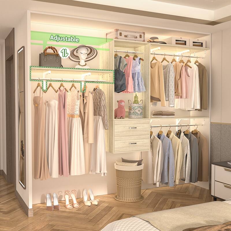 96'' W Wall-mounted Closet System with Storage Shelves and Hanging Rods,Adjustable Walk-in Closet Organizer System