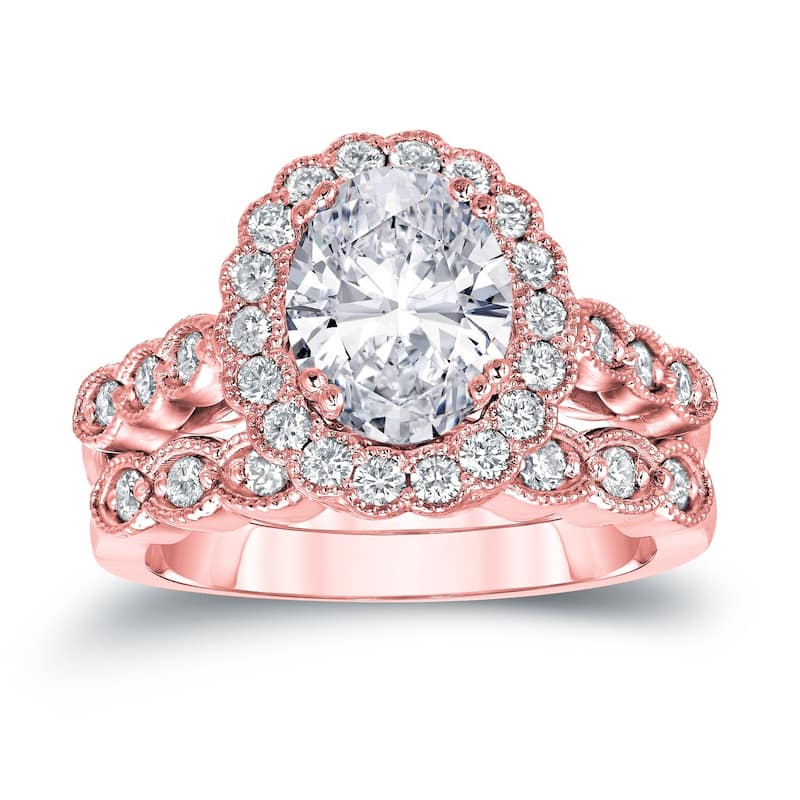 Auriya 14k Gold 3 1/10ctw Vintage Oval Halo Diamond Engagement Ring Set Certified - Rose - 4