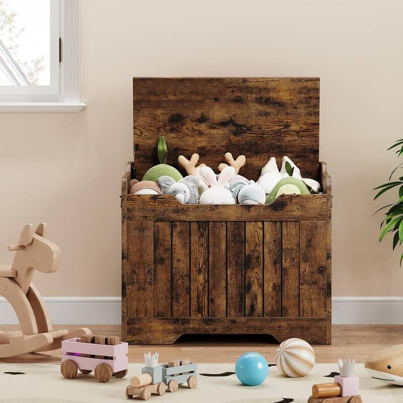 24.8" Wooden Storage Chest, Storage Bench with Safety Hinge, Flip Top Blanket Storage Chest Trunks - N/A - Rustic Brown