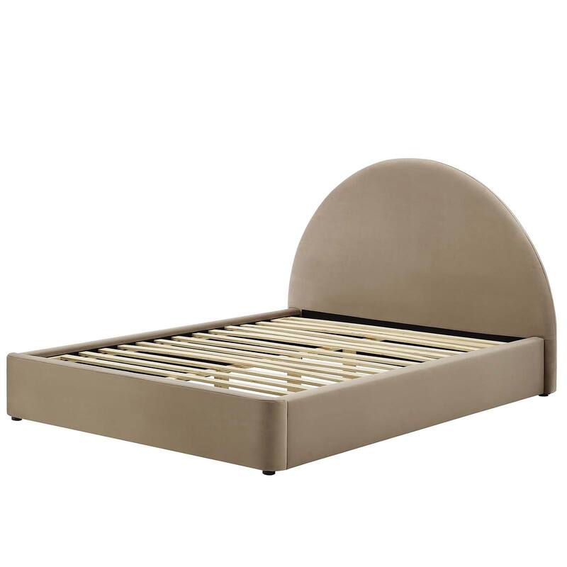 Palmetto Modern Round Headboard Taupe Velvet Upholstered Queen Size Platform Bed