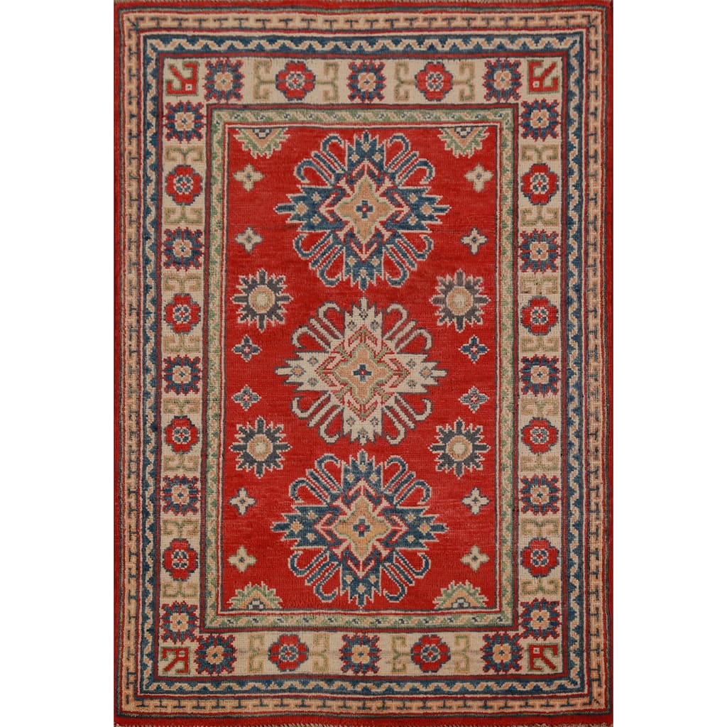 Geometric Kazak Foyer Rug Red Handmade Wool Carpet - 2'8"x 3'11"