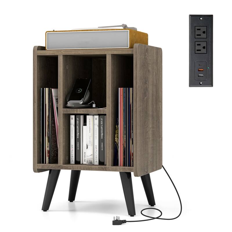 Gymax Record Player Stand w/ 4 Storage Compartments Supporting Legs - Grey - Wood