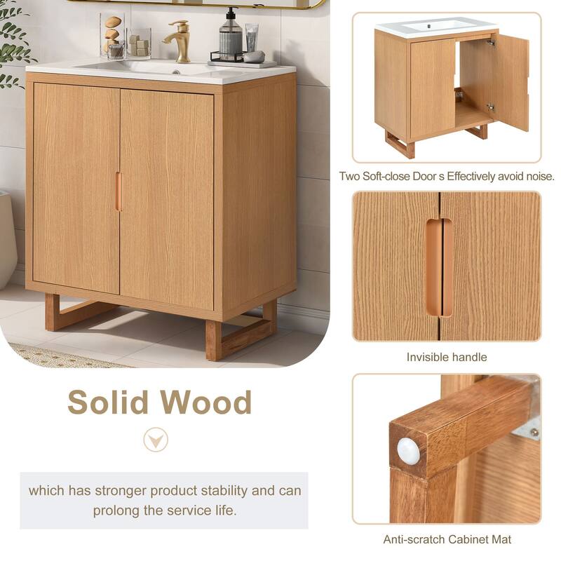 30 inch Solid Wood Freestanding Bathroom Vanity Set in Burly Wood with White Integrated Resin Sink