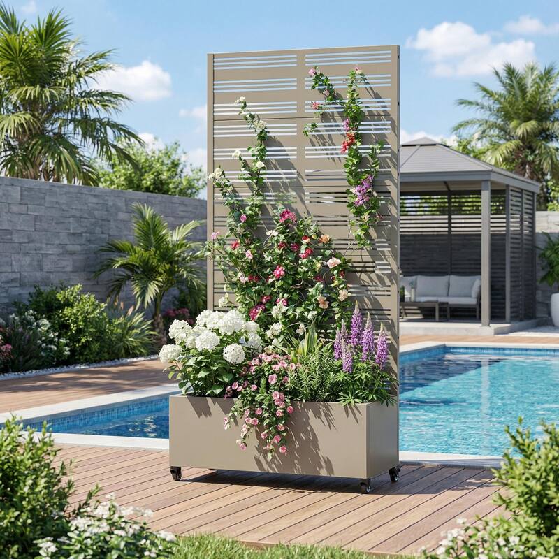 Outdoor Metal Galvanized Privacy Screen Planter Box with Trellis Lockable Wheels