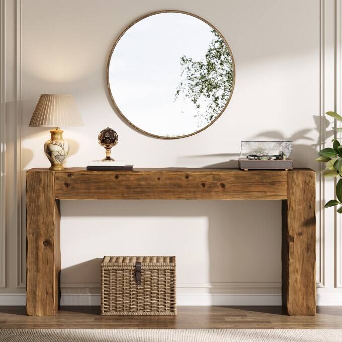 63-inch Solid Wood Console Table, Farmhouse Long Entryway Table - Brown