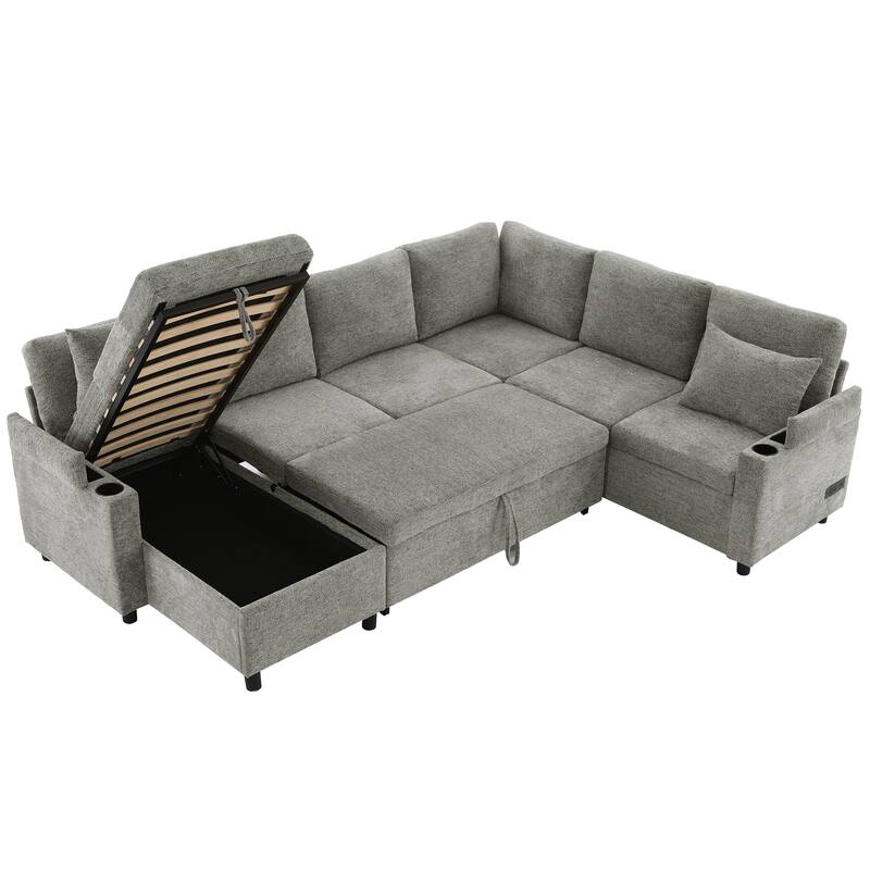 U-Shaped Chenille Sectional Sofa with Storage Chaise Lounge, Convertible Sleeper Sofa Bed with Cup Holders & Charging Ports