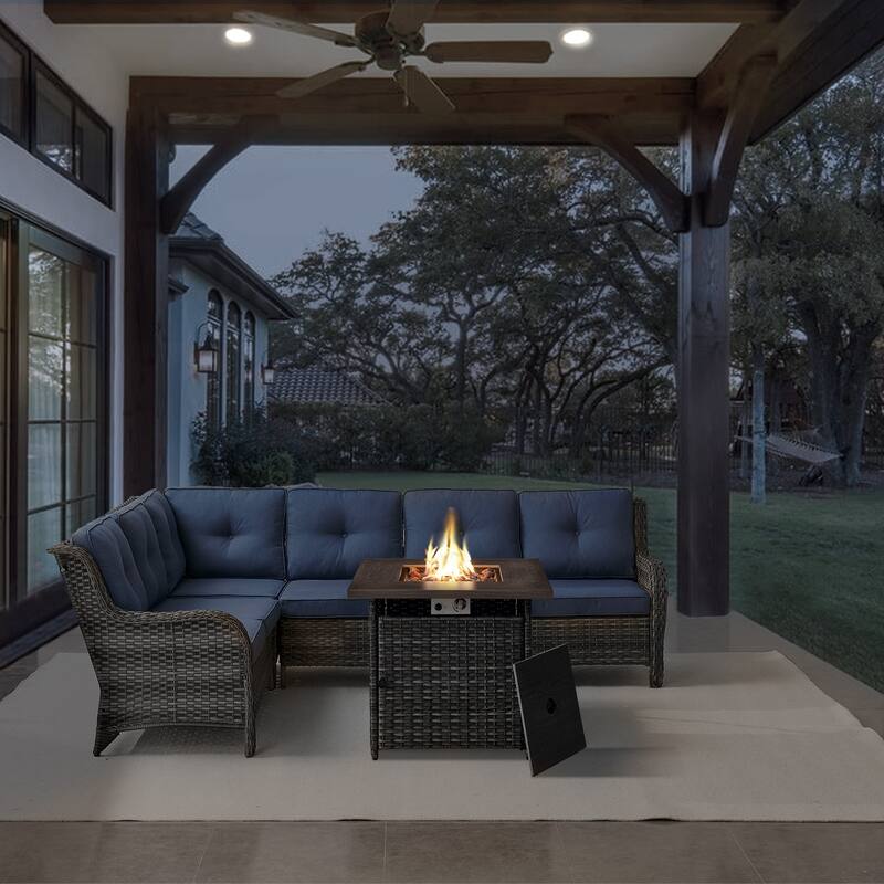 Gymojoy 2-Piece Outdoor Wicker Patio Furniture with Fire Pit and L-shaped Sectional Sofa, Coversation Set with Thick Cushions