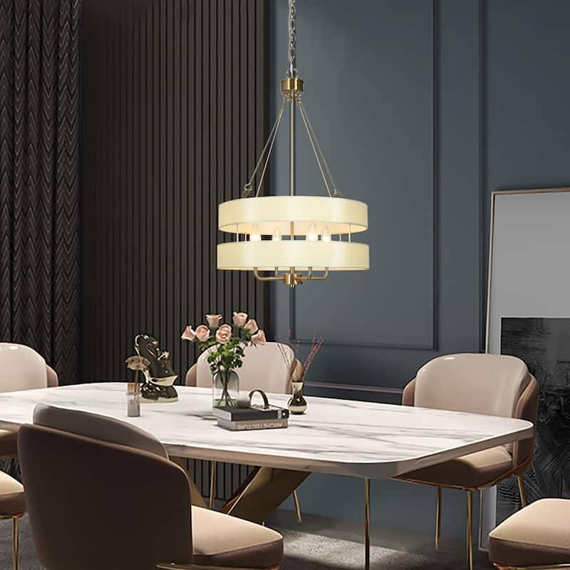 Malury Mid-century Modern 4-Light Brass Gold Drum Chandelier Fabric Shaded Foyer Pendant Lights - D17" x H30"