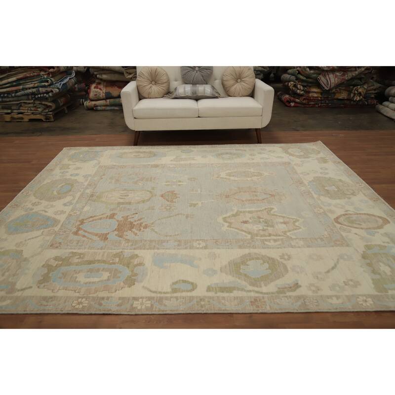Hand Knotted Oriental 100% Wool Carpet Transitional All-Over Greys & Charcoal Oushak Area Rug - 9' 8'' X 7' 11''