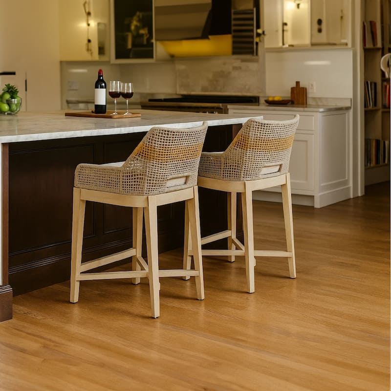 Avira 30 Inch Barstool Chair | Handcrafted Mango Wood | Cotton Rope Weaving | Beige Cushion
