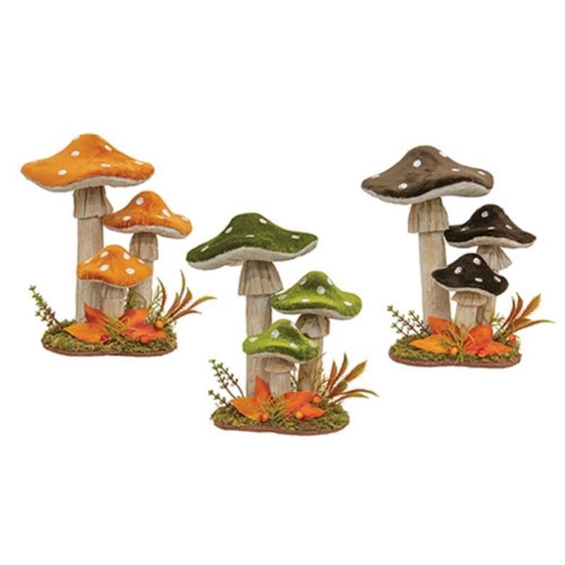 Velvet Mushroom Sitters Fall Decor Rustic Woodland Tabletop Accents with Moss Base - 3 Asstd - 8.5" H x 6" W - Orange-Green-Brown