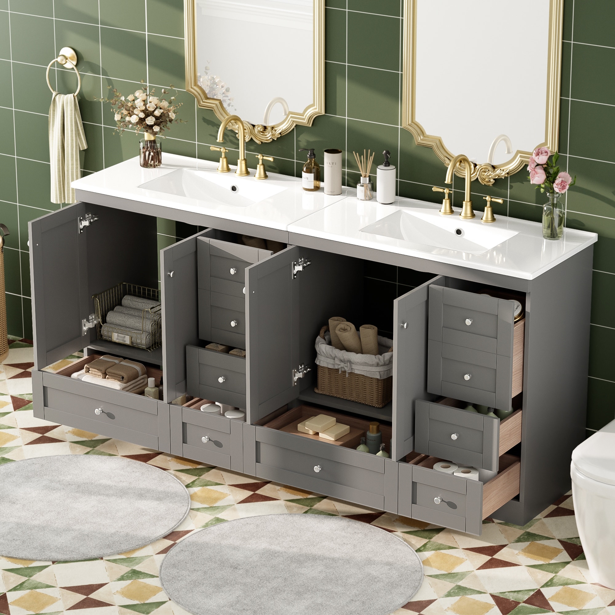 36"/72" Bathroom Sink Vanity, Solid Wood Frame Bathroom Storage Cabinet with 4 Drawers, Freestanding Vanity Set with Ceramic Top