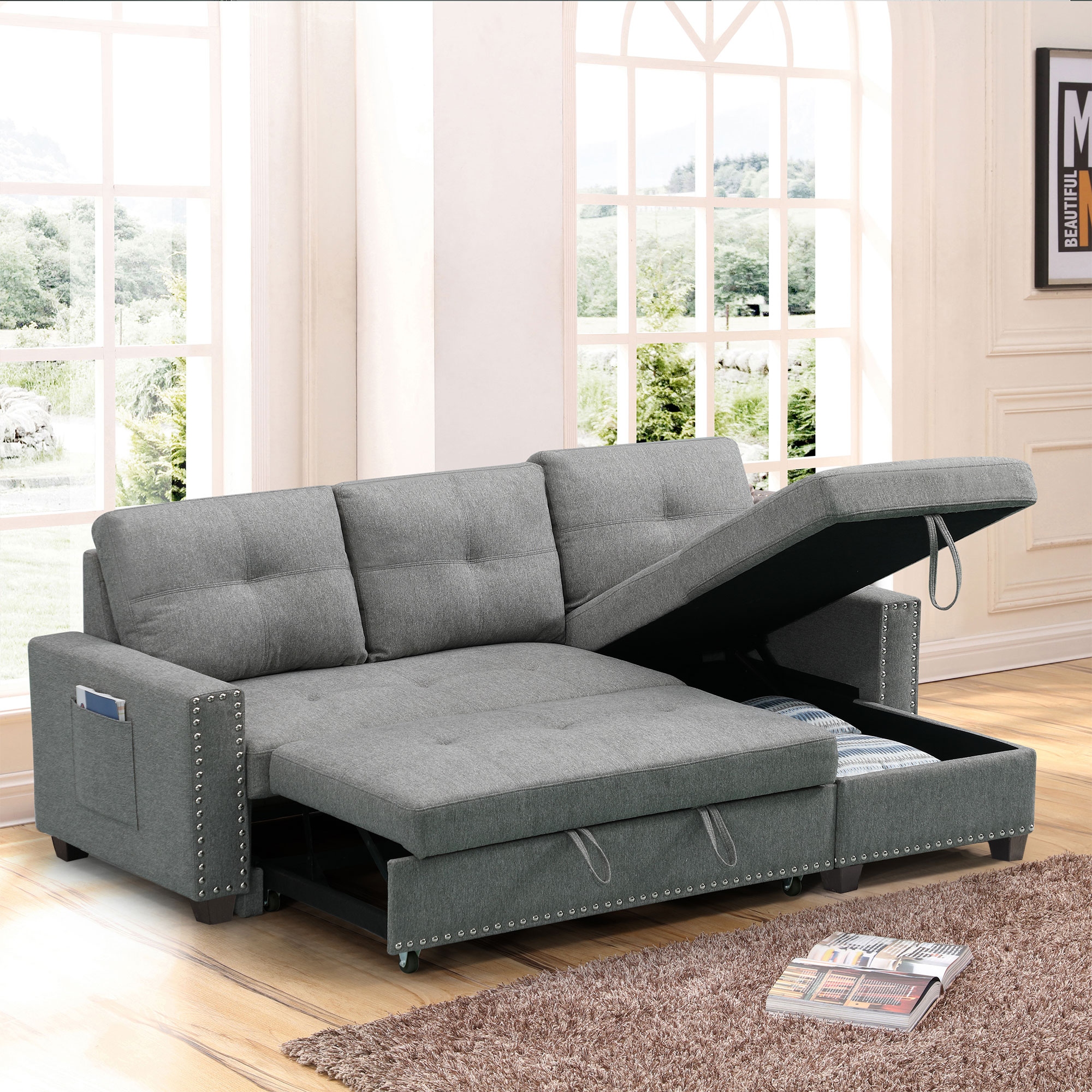 Sofa chaise shop sleeper with storage