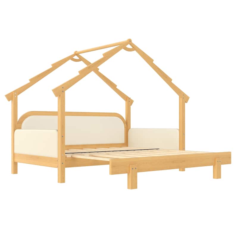 Children's Treehouse Bed Twin Size Solid Wood Kids Bed Frame Adjustable Platform Bed with Padded Safety Rails for Girls, Boys