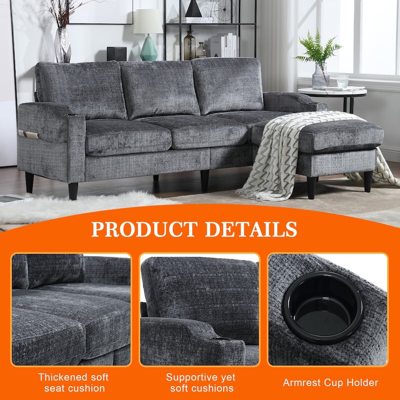 HOMEFUN Chenille Upholstered L-Shaped Living Room Sofa with Storage Ottoman