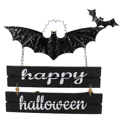 17 Black Bat and Happy Halloween Metal Hanging Sign Wall Decor