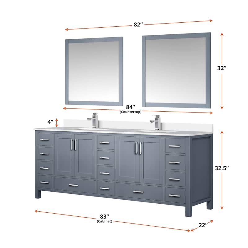 Jacques 84 in. W x 22 in. D Dark Grey Double Bath Vanity, White Quartz Top, Faucet Set, and 34 in. Mirrors