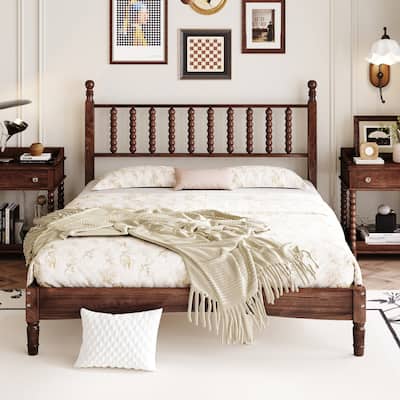 Retro Style Wood Platform Bed – Features Gourd Shaped Headboard And Sturdy Wooden Slat Support..