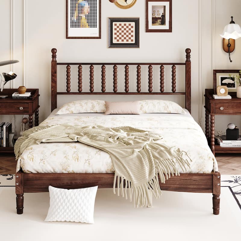 Full / Queen / King Retro Style Wood Platform Bed with Gourd Headboard and Wooden Slat Support
