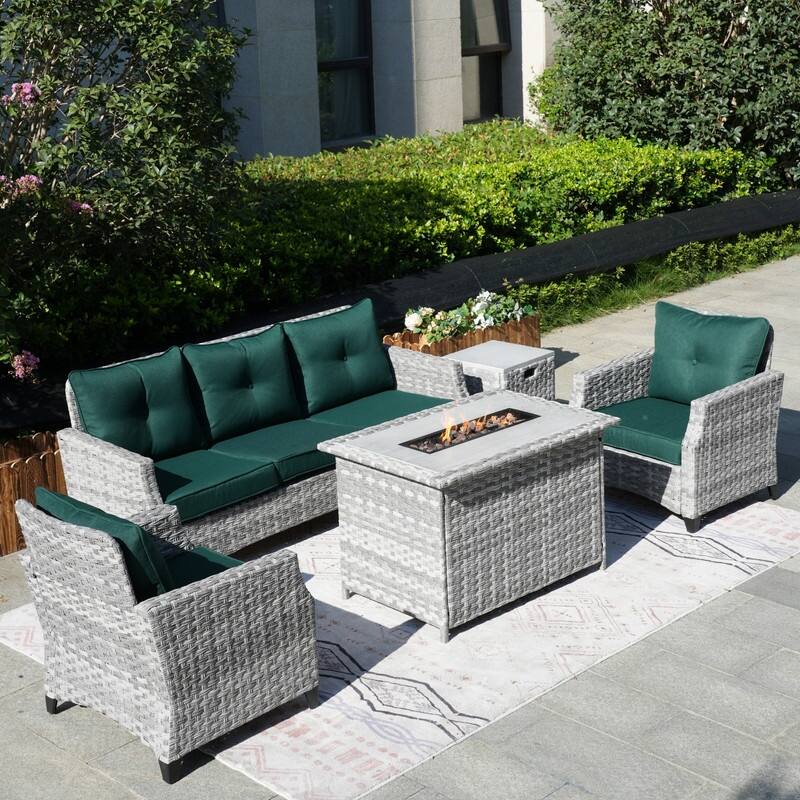 5-Piece Patio Wicker Sofa Set with Firepit Table and Rain cover