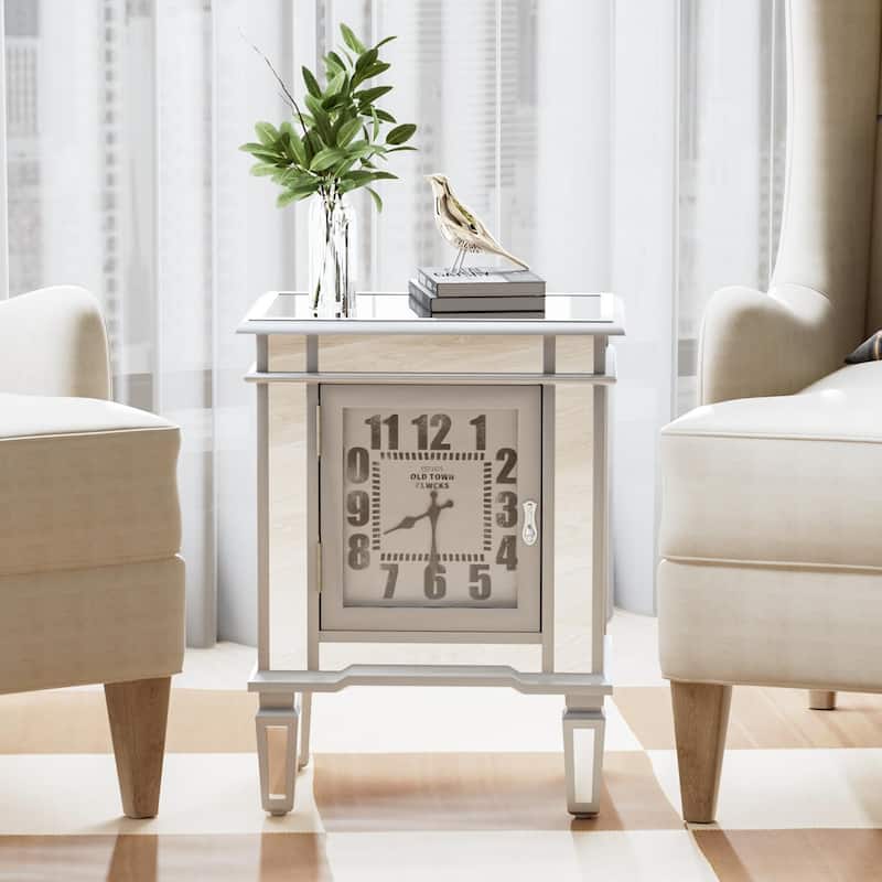 Luxury Clock Mirrored End Side Table, with Clock Display & 1 Door Cabinet Clock Mirrored Cabinet Mirror / Silver for Bedroom - L*W*H 48x33x63.5cm
