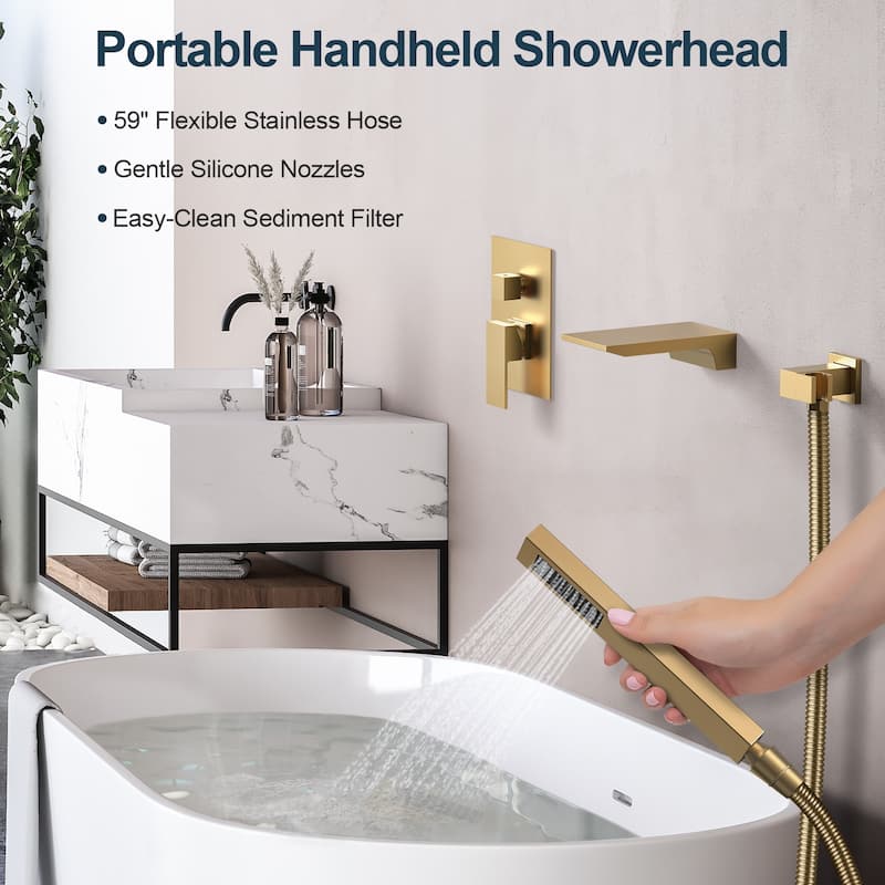GRANDJOY Shower Faucet set Wall Mount Waterfall Tub Spout and Hand Shower Combo
