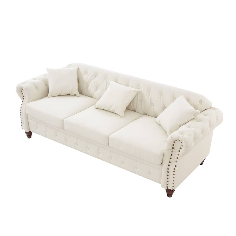 Faux Leather Upholstered Sofa with Storage, Chesterfield Tufted 3 Seater Sofa, Sofa Chair with Rolled Arms & Solid Wood Legs