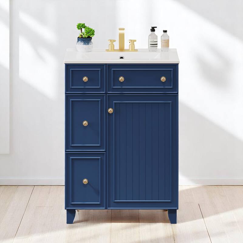 24" Bathroom Vanity with Ceramic Sink, 2 Drawers, Soft-Close Door, Freestanding Cabinet for Small Spaces, MDF and Wood - Blue